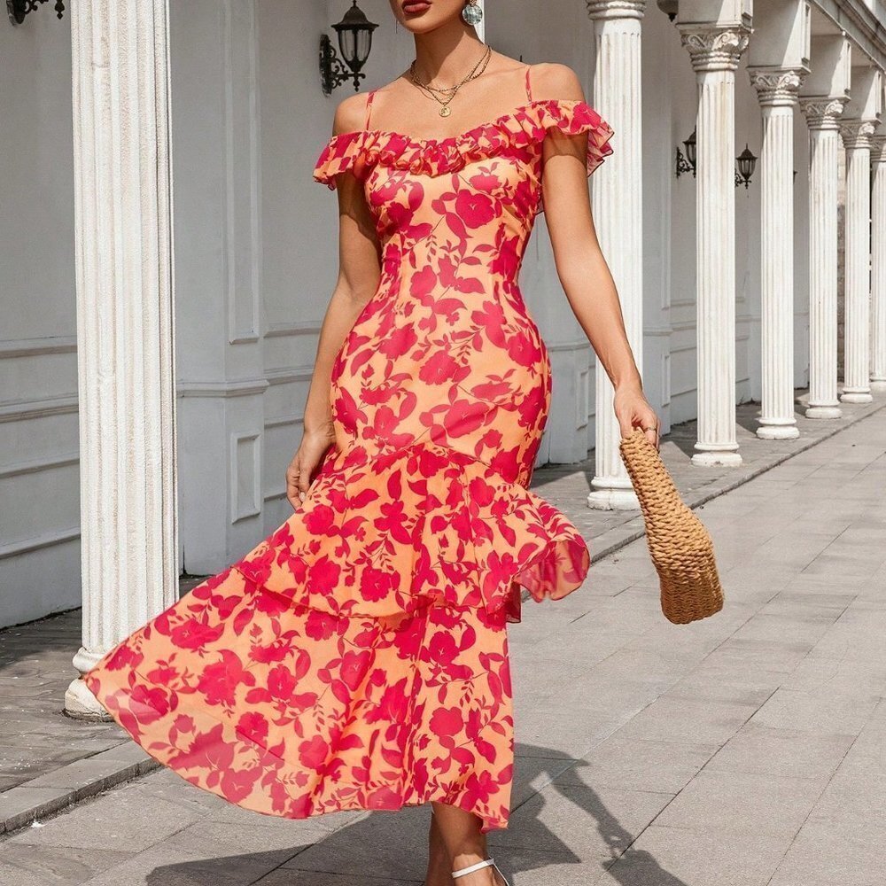 Multicolor BohoWomen's Floral Print Off-Shoulder Neckline Ruffle Trim Cami Dress - Picture 3 of 5